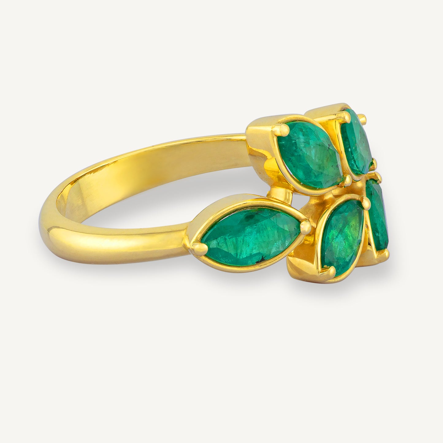 18K Yellow Gold Emerald Laurel Ring with Natural Green Emeralds
