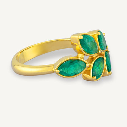 18K Yellow Gold Emerald Laurel Ring with Natural Green Emeralds