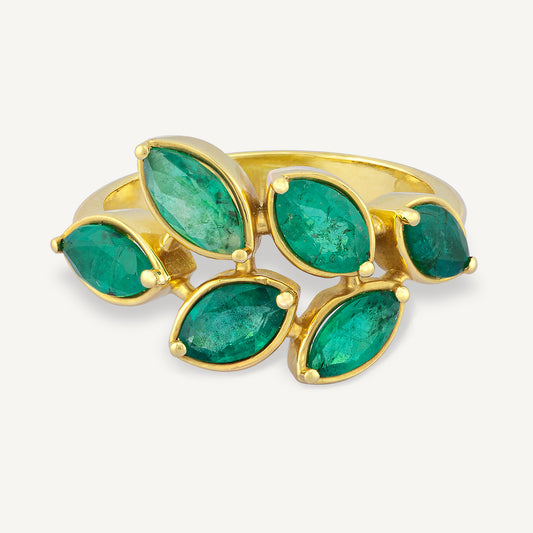 18K Yellow Gold Emerald Laurel Ring with Natural Green Emeralds