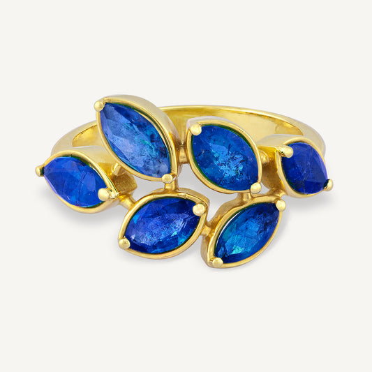 18K Yellow Gold Sapphire Laurel Ring with Natural Blue Sapphires
