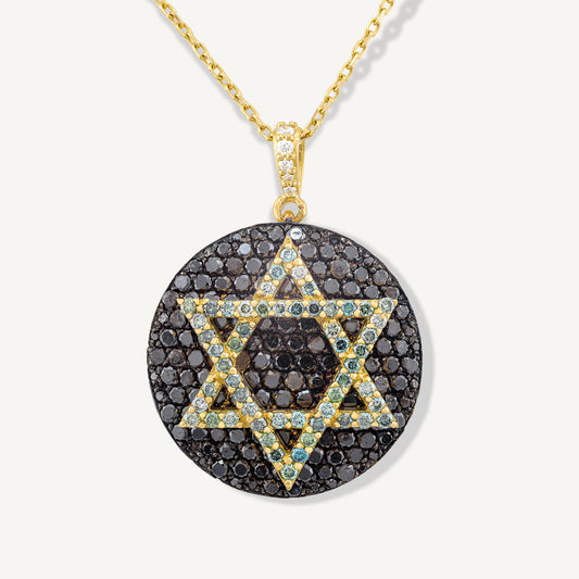 18K Yellow Gold Diamond Star of David Necklace with Natural Gemstones