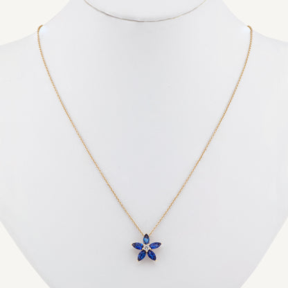 18K Yellow Gold Sapphire Flower Necklace with Natural Blue Sapphires and Diamonds