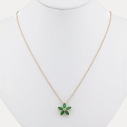 18K Yellow Gold Emerald Flower Necklace with Natural Green Emeralds and Diamonds