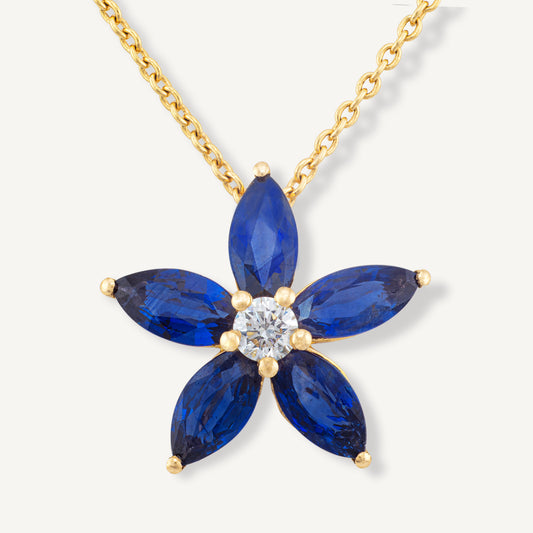 18K Yellow Gold Sapphire Flower Necklace with Natural Blue Sapphires and Diamonds
