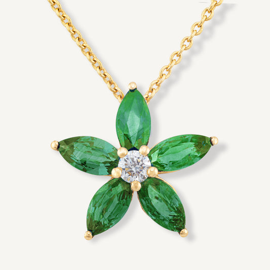 18K Yellow Gold Emerald Flower Necklace with Natural Green Emeralds and Diamonds
