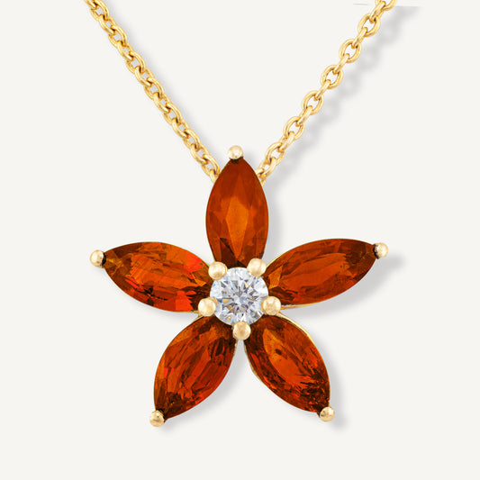 18K Yellow Gold Ruby Flower Necklace with Natural Red Rubies and Diamonds