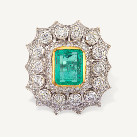 18K White Gold Natural 2.61 Carat Colombian Emerald and Diamond Ring