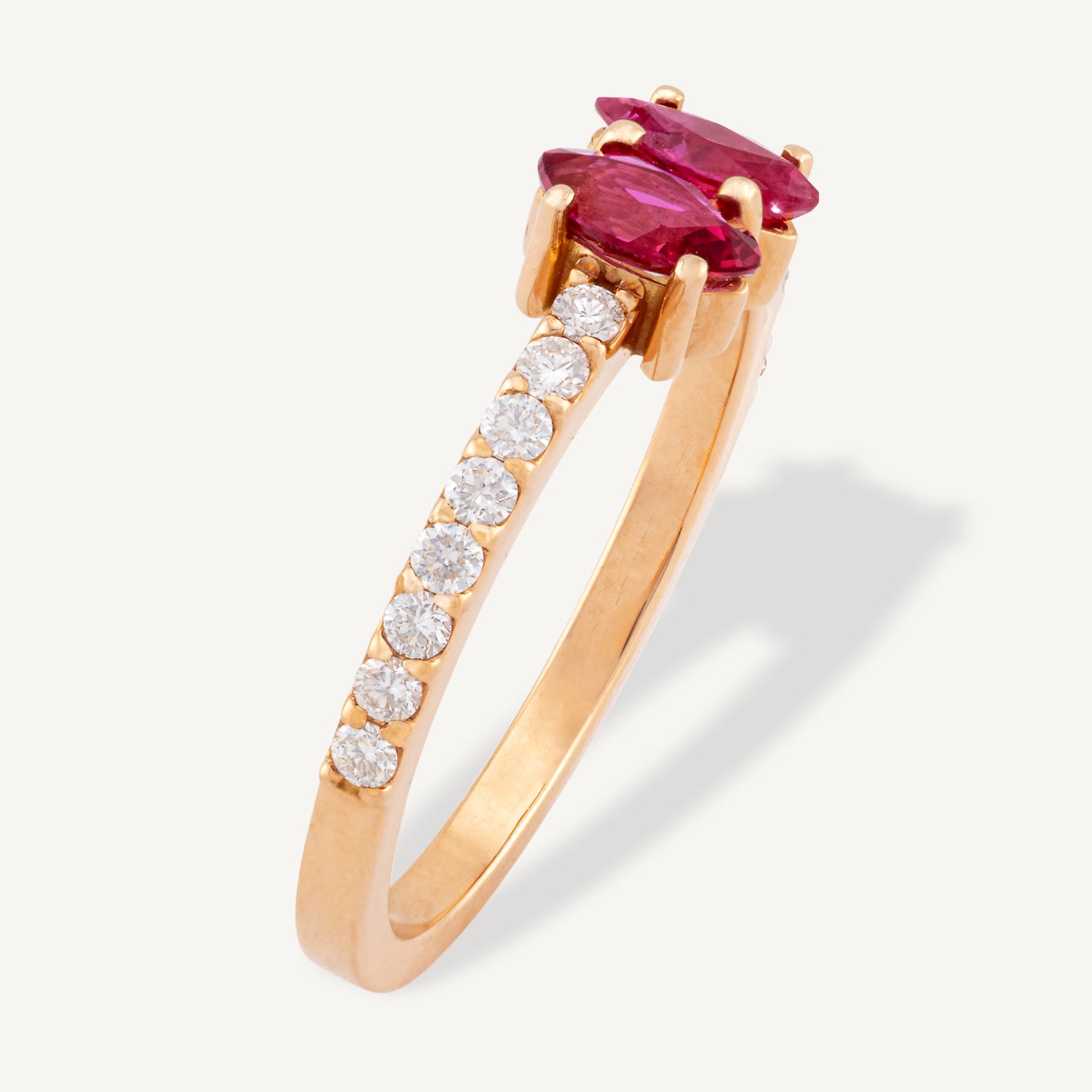 18K Rose Gold Twin Ruby and Diamond Ring with Natural Rubies and Diamonds