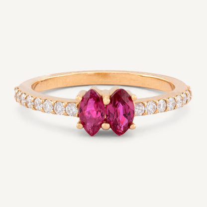 18K Rose Gold Twin Ruby and Diamond Ring with Natural Rubies and Diamonds