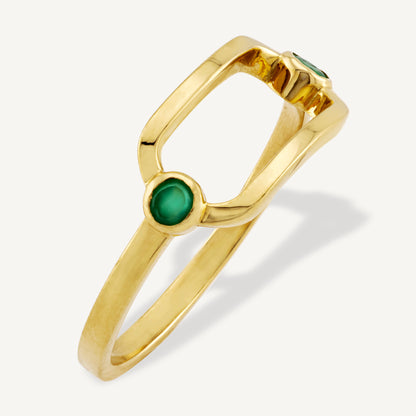 18K Yellow Gold Double Emerald Ring with Natural Green Emeralds