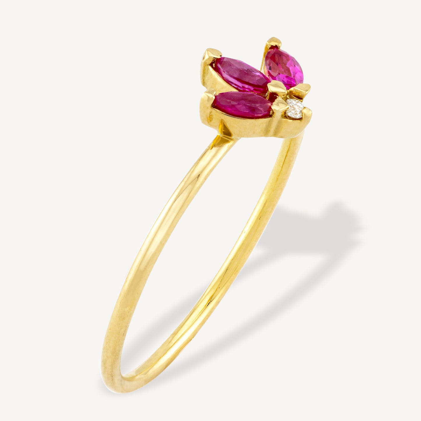 18K Yellow Gold Petaled Ruby Ring with Natural Red Rubies and Diamonds