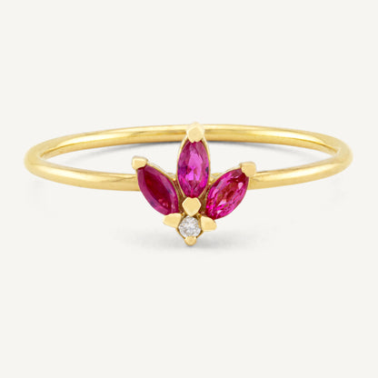 18K Yellow Gold Petaled Ruby Ring with Natural Red Rubies and Diamonds