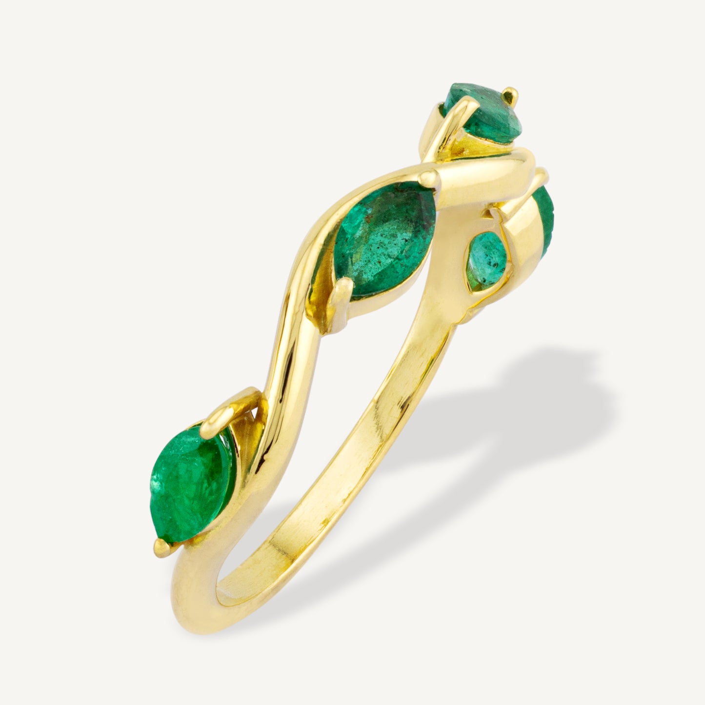 18K Yellow Gold Emerald Swirl Ring with Natural Green Emeralds