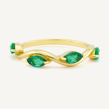 18K Yellow Gold Emerald Swirl Ring with Natural Green Emeralds