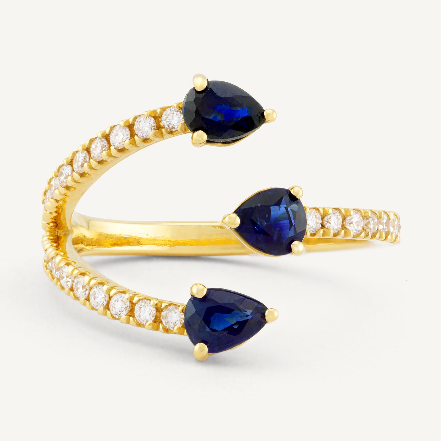 18K Yellow Gold Midnight Sapphire Trio Open Ring with Natural Blue Sapphires