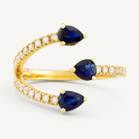 18K Yellow Gold Midnight Sapphire Trio Open Ring with Natural Blue Sapphires