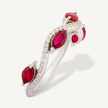 18K White Gold Ruby Diamond Swirl Ring with Natural Red Rubies and Diamonds