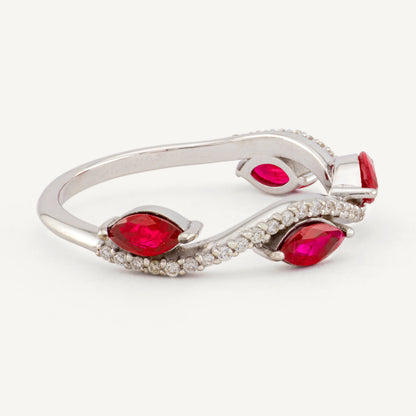 18K White Gold Ruby Diamond Swirl Ring with Natural Red Rubies and Diamonds