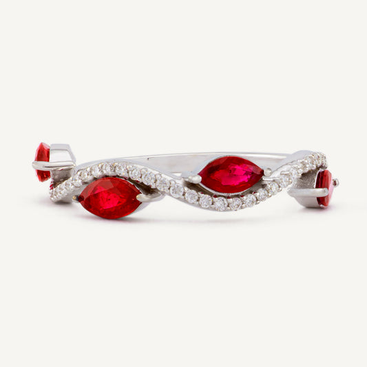 18K White Gold Ruby Diamond Swirl Ring with Natural Red Rubies and Diamonds