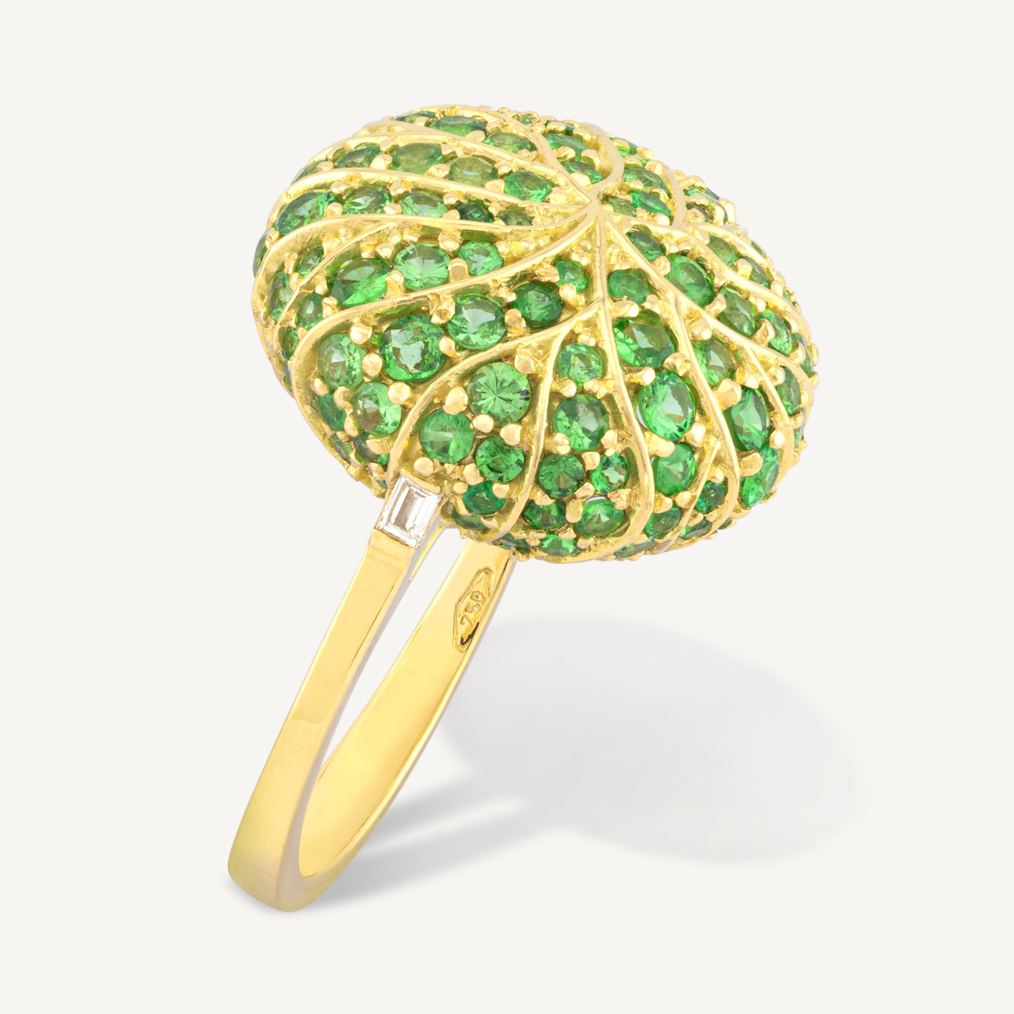 18K Yellow Gold Domed Tsavorite Ring with Natural Green Tsavorites and Diamonds