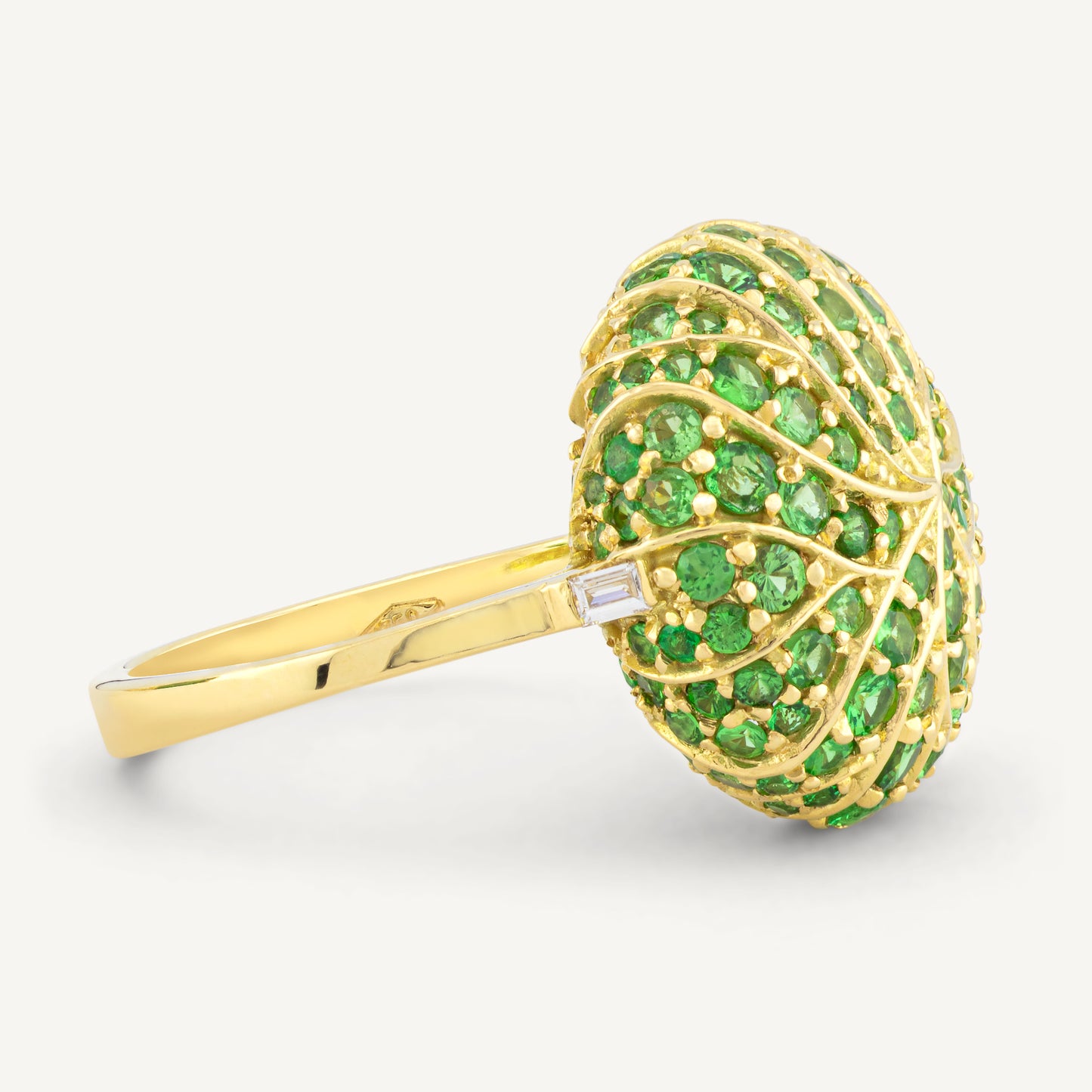 18K Yellow Gold Domed Tsavorite Ring with Natural Green Tsavorites and Diamonds