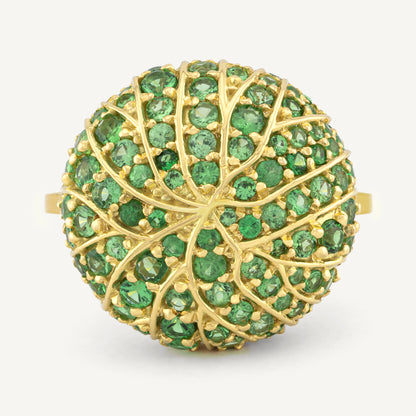 18K Yellow Gold Domed Tsavorite Ring with Natural Green Tsavorites and Diamonds