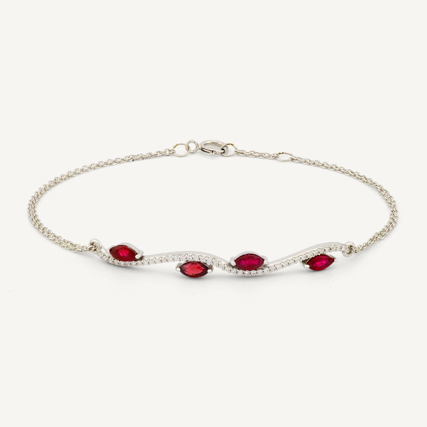 18K White Gold Ruby Swirl Bracelet with Natural Red Rubies and Diamonds