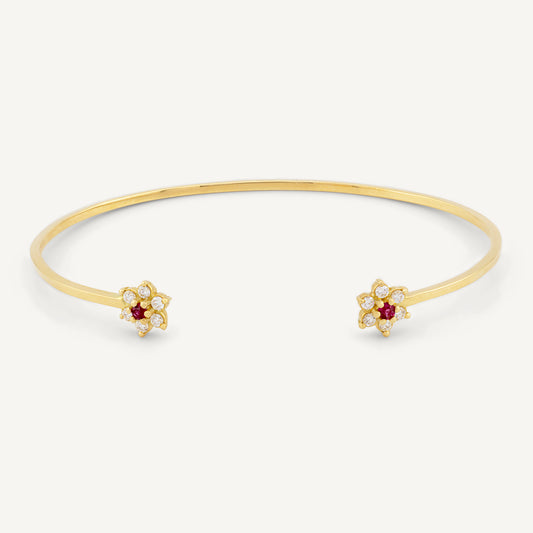 18K Yellow Gold Ruby Blossom Open Cuff Bracelet with Natural Rubies and Diamonds