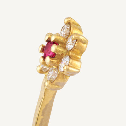 18K Yellow Gold Ruby Blossom Open Cuff Bracelet with Natural Rubies and Diamonds