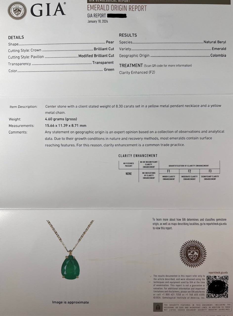 18K Yellow Gold Muzo Colombian Emerald Necklace with Natural 8.30 Carat Colombian Emerald